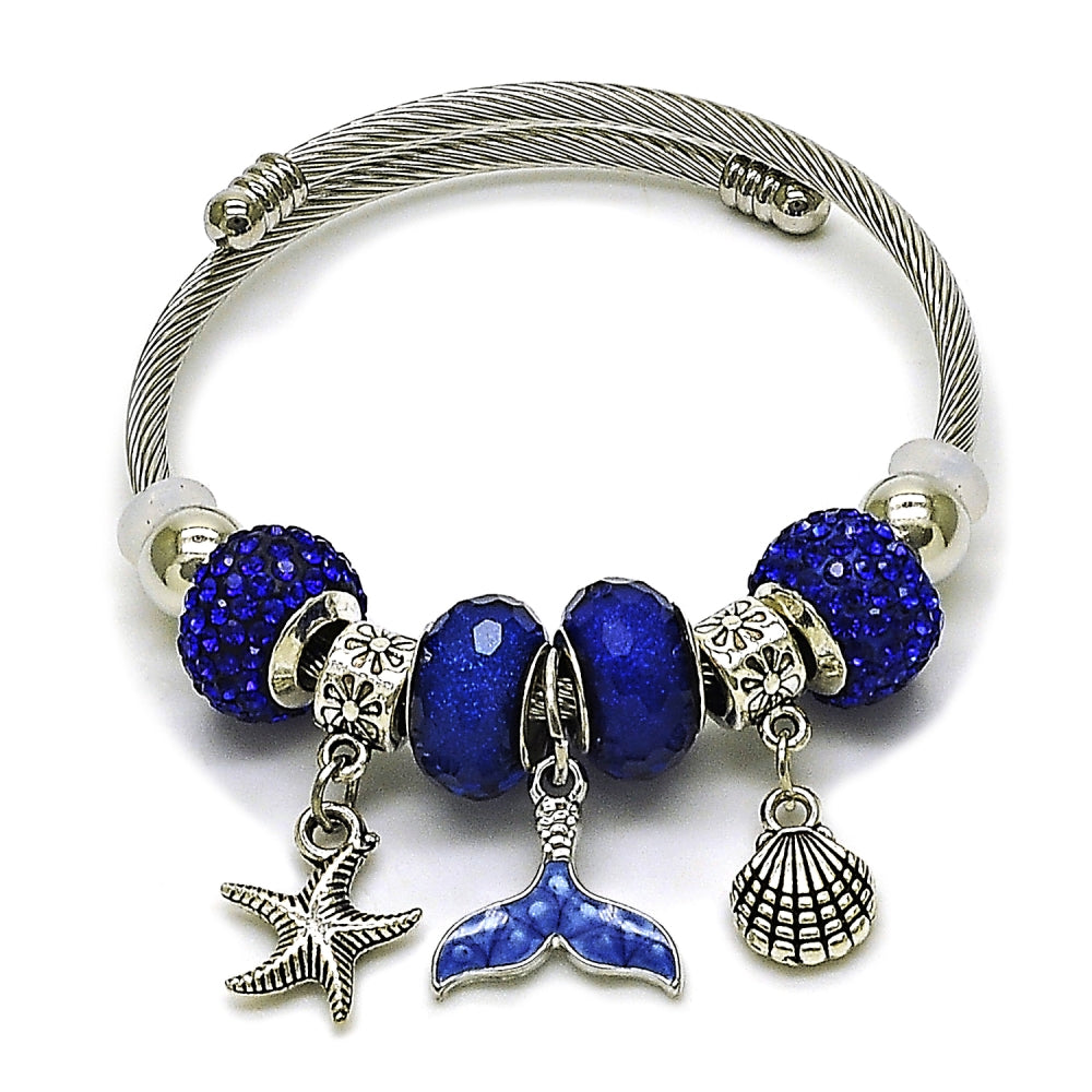 Stainless Steel Individual Bangle, Shell and Fish Design, with Sapphire Blue Crystal, Blue Enamel Finish, Steel Finish