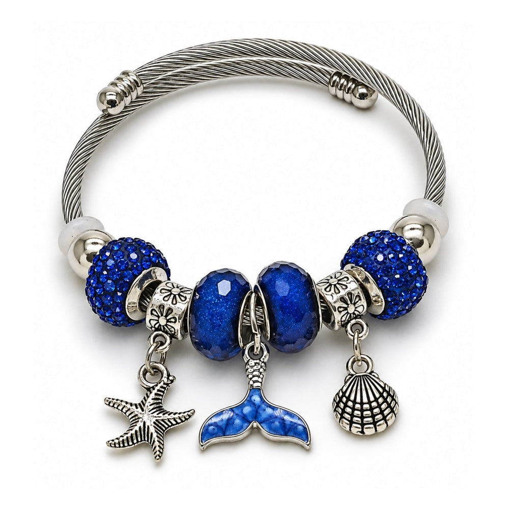 Stainless Steel Individual Bangle, Shell and Fish Design, with Sapphire Blue Crystal, Blue Enamel Finish, Steel Finish