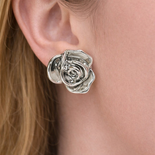 Rhodium Gold Filled Stud Earring, Flower Design, Polished, Rhodium Finish