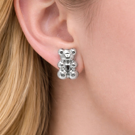 Rhodium Gold Filled Stud Earring, Teddy Bear Design, Polished, Rhodium Finish