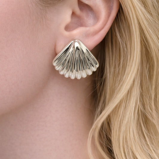 Rhodium Gold Filled Stud Earring, Shell Design, Polished, Rhodium Finish