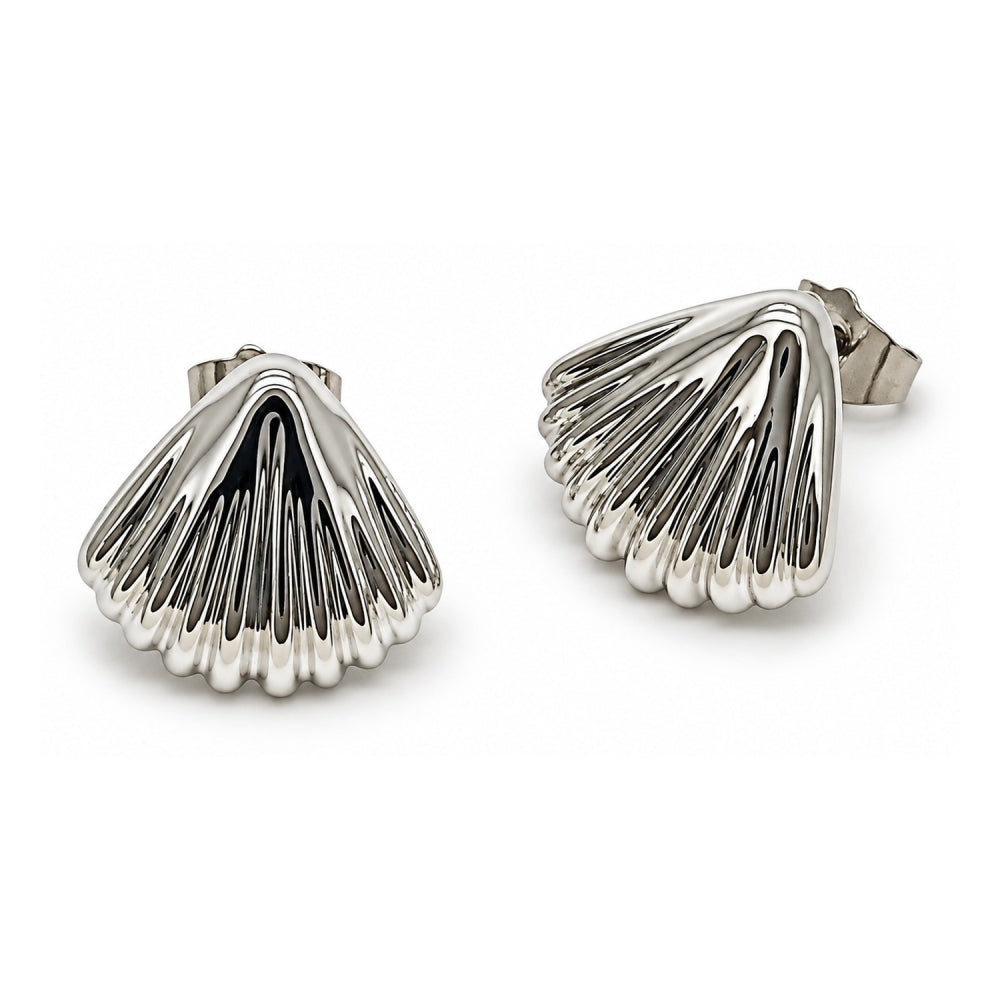 White Gold Filled Stud Earring, Shell Design, Polished, Rhodium Finish