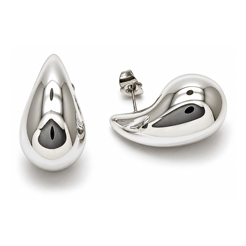 White Gold Filled Stud Earring, Teardrop Design, Polished, Rhodium Finish