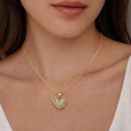 Oro Laminado Fancy Pendant, Gold Filled Style Heart Design, with White Cubic Zirconia, Polished, Golden Finish