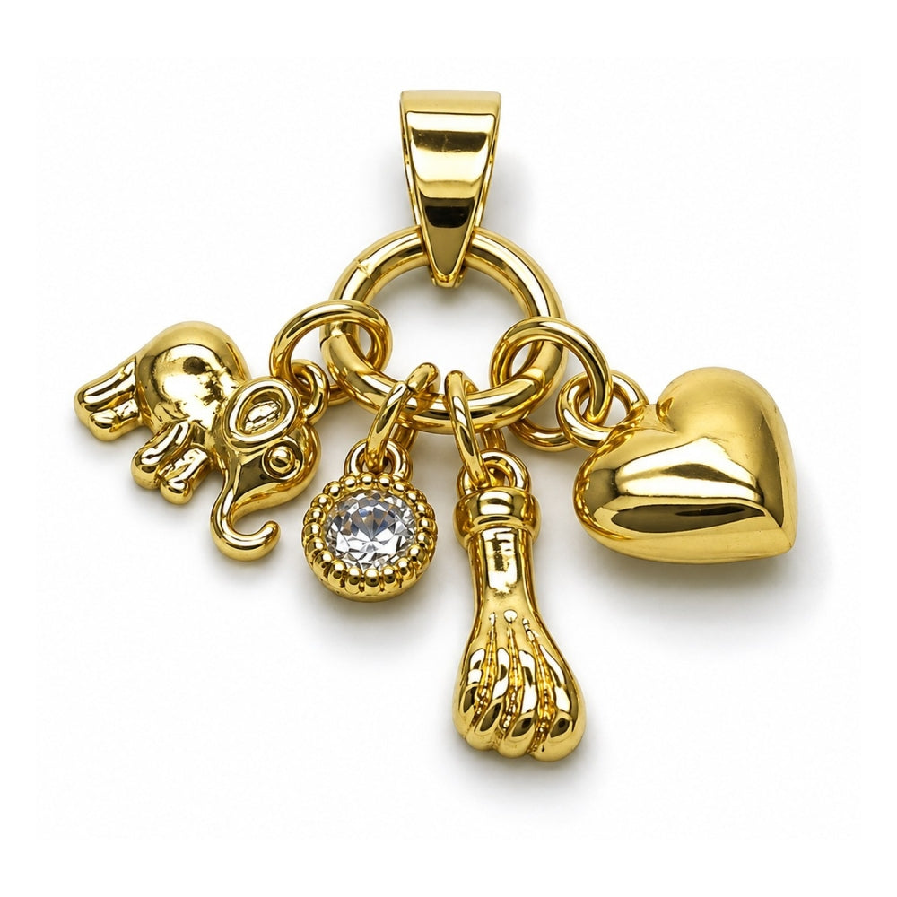 Oro Laminado Religious Pendant, Gold Filled Style Elephant and Heart Design, with White Cubic Zirconia, Polished, Golden Finish