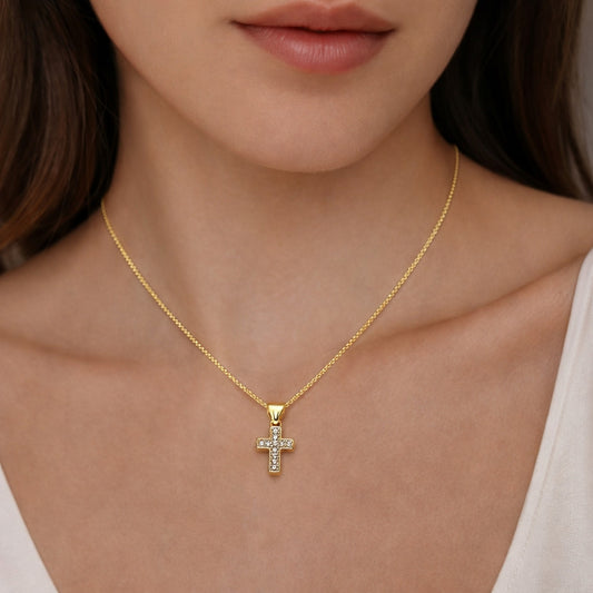Oro Laminado Religious Pendant, Gold Filled Style Cross Design, with White Cubic Zirconia, Polished, Golden Finish