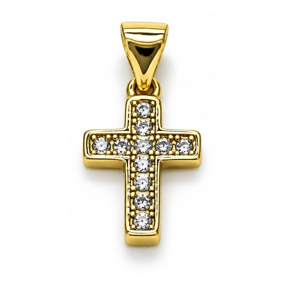 Oro Laminado Religious Pendant, Gold Filled Style Cross Design, with White Cubic Zirconia, Polished, Golden Finish