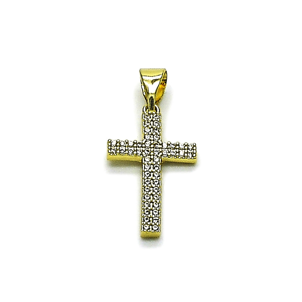 Oro Laminado Religious Pendant, Gold Filled Style Cross Design, with White Micro Pave, Polished, Golden Finish
