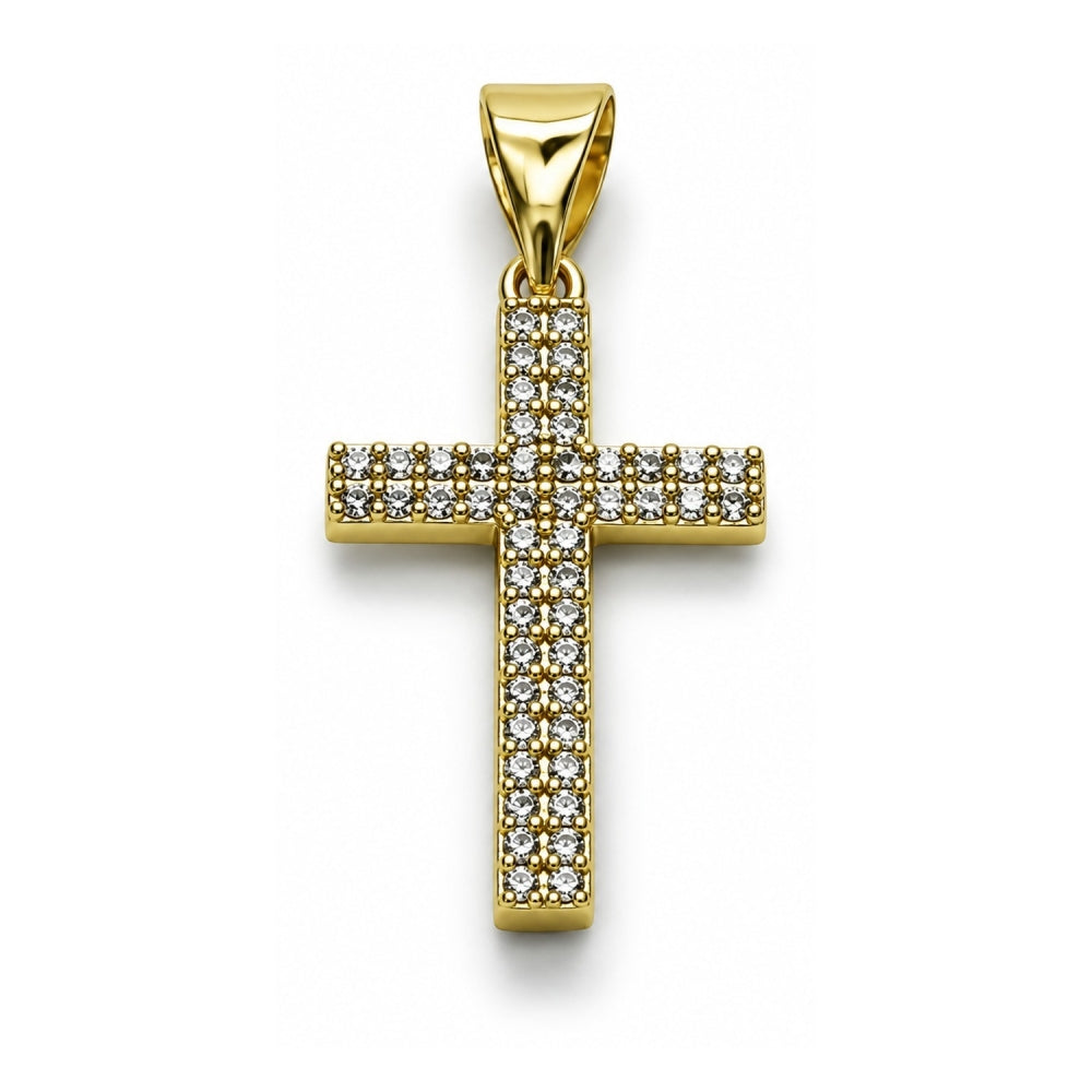 Oro Laminado Religious Pendant, Gold Filled Style Cross Design, with White Micro Pave, Polished, Golden Finish