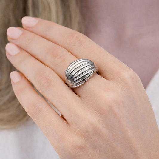 Rhodium Gold Filled Elegant Ring, Teardrop Design, Diamond Cutting Finish, Rhodium Finish