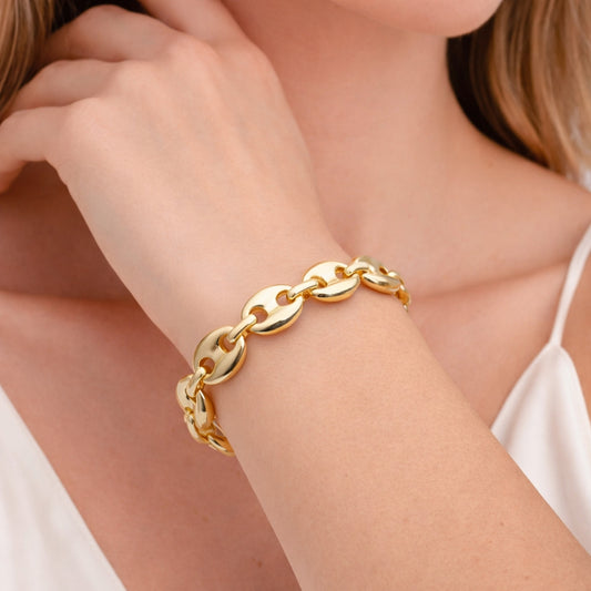 Oro Laminado Fancy Bracelet, Gold Filled Style Puff Mariner Design, Polished, Golden Finish