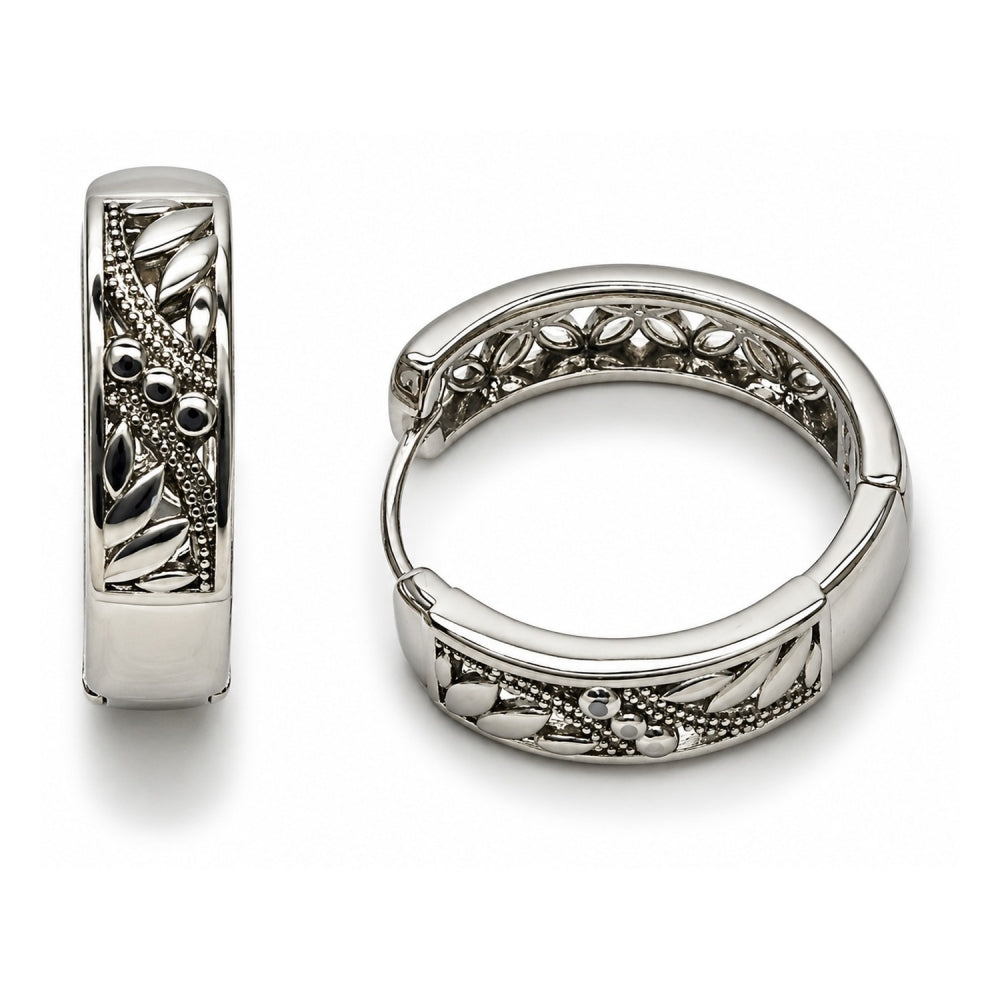 White Gold Filled Huggie Hoop, Leaf Design, Polished, Rhodium Finish