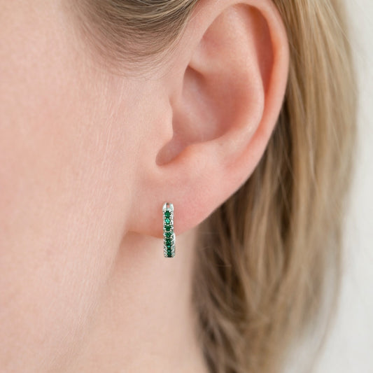 Rhodium Gold Filled Huggie Hoop, with Green Cubic Zirconia, Polished, Rhodium Finish