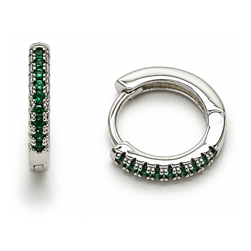 White Gold Filled Huggie Hoop, with Green Cubic Zirconia, Polished, Rhodium Finish