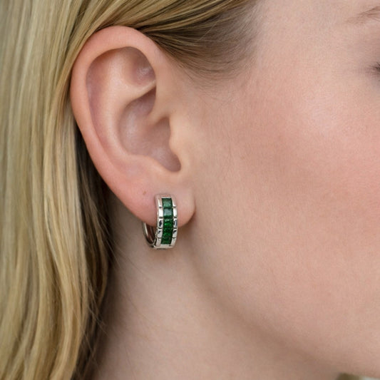 Rhodium Gold Filled Huggie Hoop, with Green Cubic Zirconia, Polished, Rhodium Finish