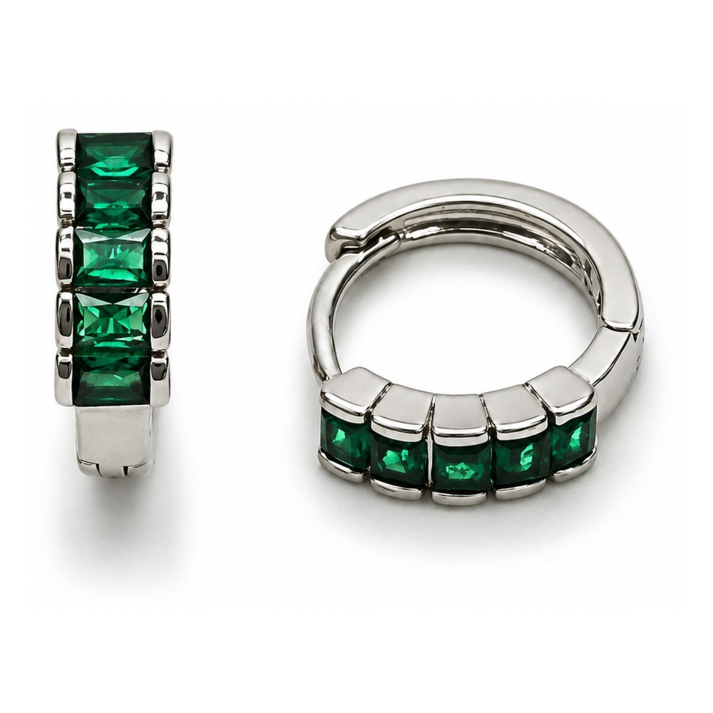 White Gold Filled Huggie Hoop, with Green Cubic Zirconia, Polished, Rhodium Finish