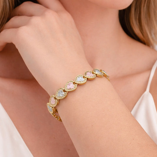 Oro Laminado Tennis Bracelet, Gold Filled Style Heart Design, Diamond Cutting Finish, Tricolor