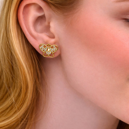 Oro Laminado Stud Earring, Gold Filled Style Butterfly and Mom Design, with White Cubic Zirconia, Polished, Golden Finish
