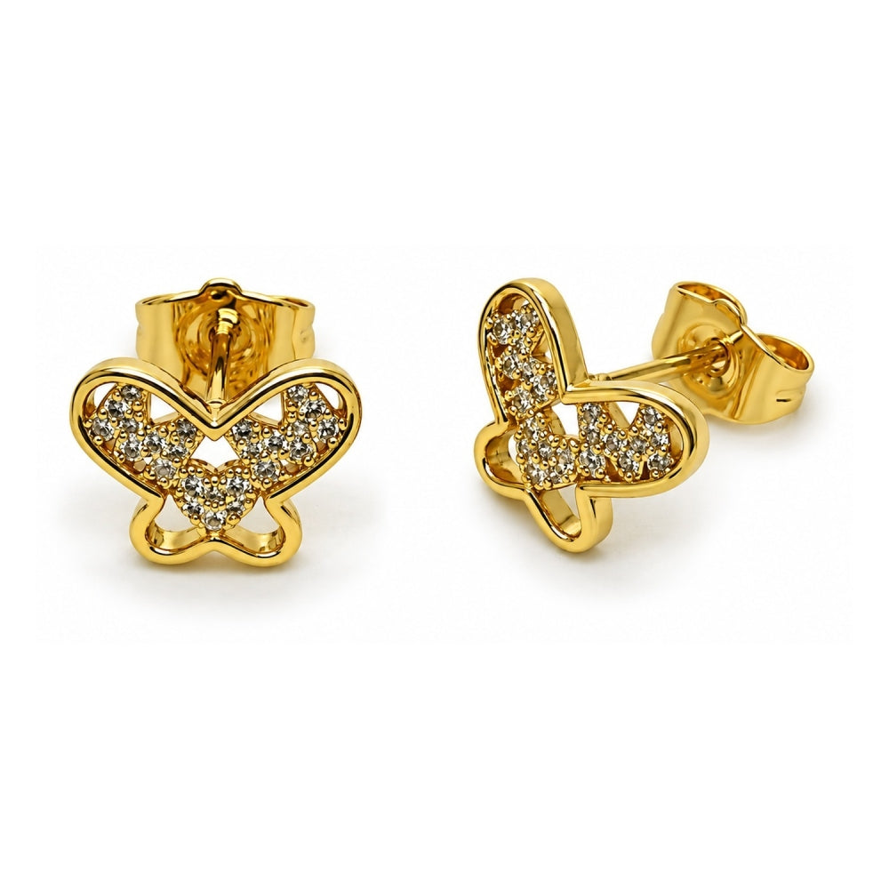 Oro Laminado Stud Earring, Gold Filled Style Butterfly and Mom Design, with White Cubic Zirconia, Polished, Golden Finish