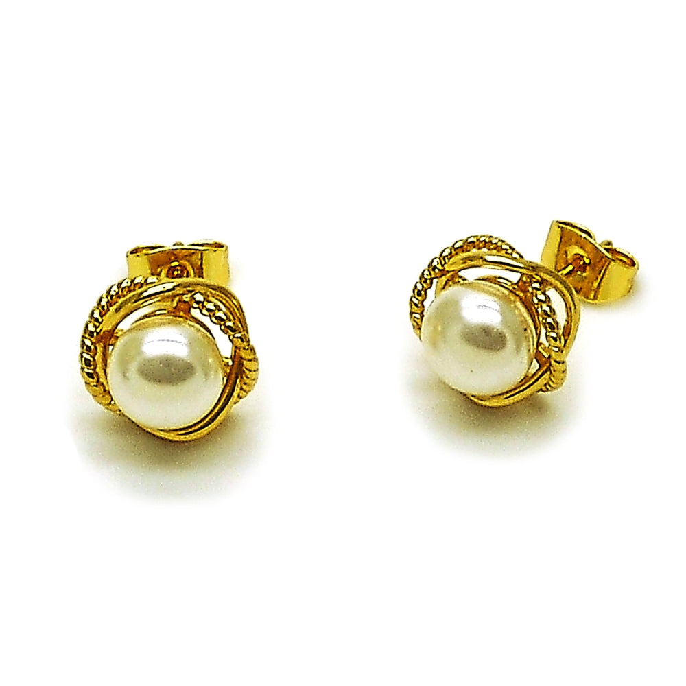 Oro Laminado Stud Earring, Gold Filled Style Love Knot and Twist Design, with Ivory Pearl, Polished, Golden Finish