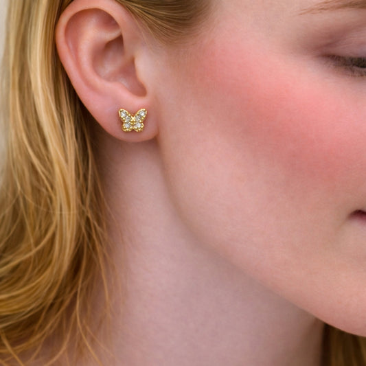 Oro Laminado Stud Earring, Gold Filled Style Butterfly Design, with White Cubic Zirconia, Polished, Golden Finish