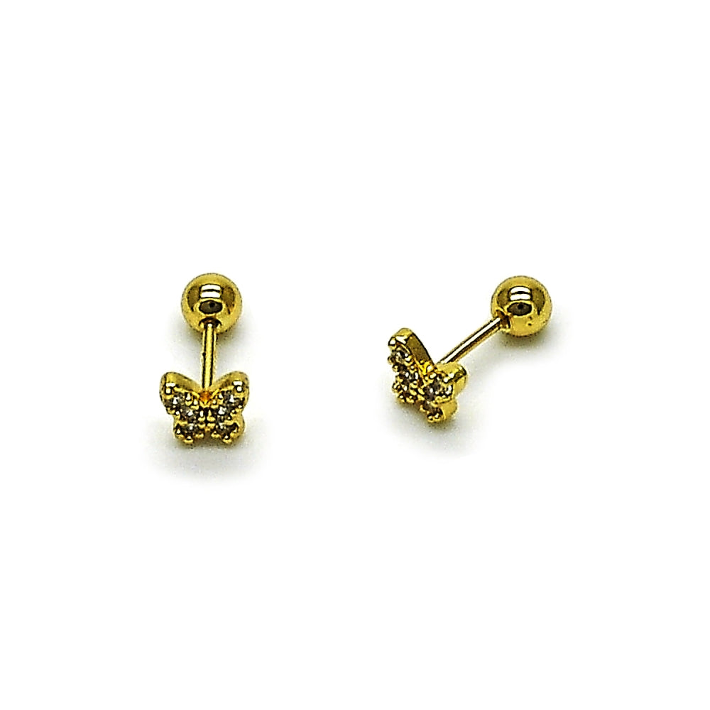 Oro Laminado Stud Earring, Gold Filled Style Butterfly Design, with White Cubic Zirconia, Polished, Golden Finish