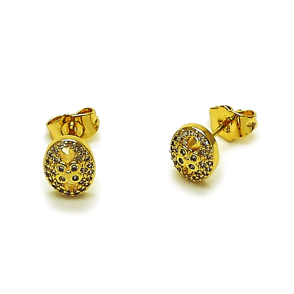 Oro Laminado Stud Earring, Gold Filled Style Puff Mariner Design, with White Micro Pave and White Cubic Zirconia, Polished, Golden Finish