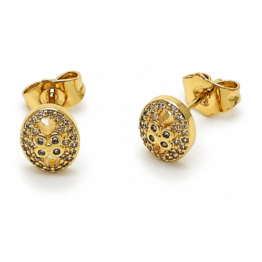 Oro Laminado Stud Earring, Gold Filled Style Puff Mariner Design, with White Micro Pave and White Cubic Zirconia, Polished, Golden Finish