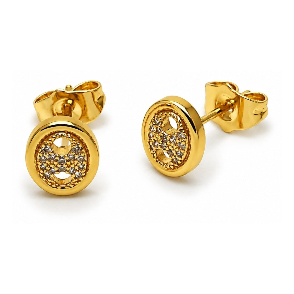Oro Laminado Stud Earring, Gold Filled Style Puff Mariner Design, with White Micro Pave, Polished, Golden Finish