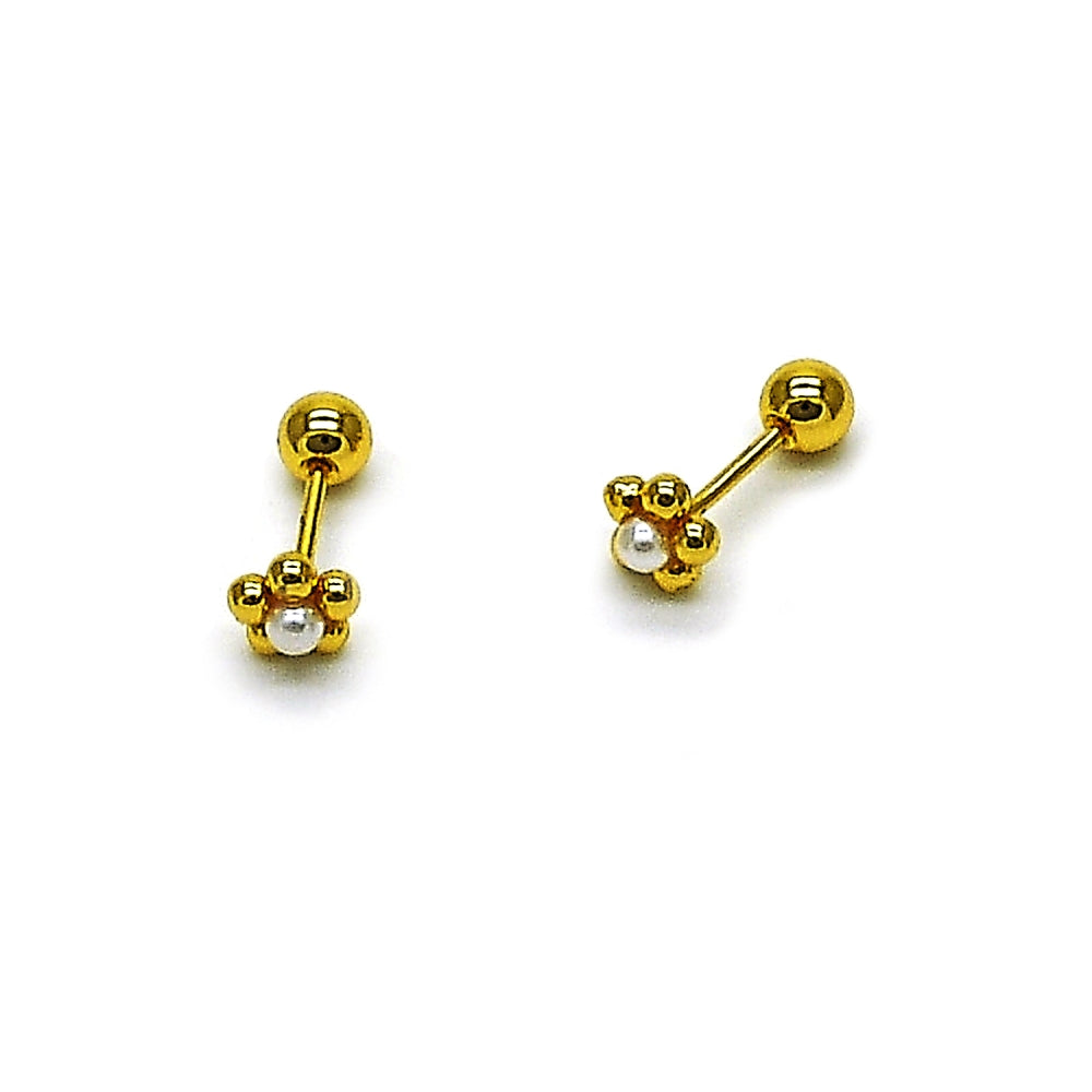 Oro Laminado Stud Earring, Gold Filled Style Flower Design, with Ivory Pearl, Polished, Golden Finish