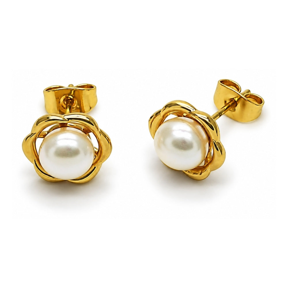 Oro Laminado Stud Earring, Gold Filled Style Flower Design, with Ivory Pearl, Polished, Golden Finish