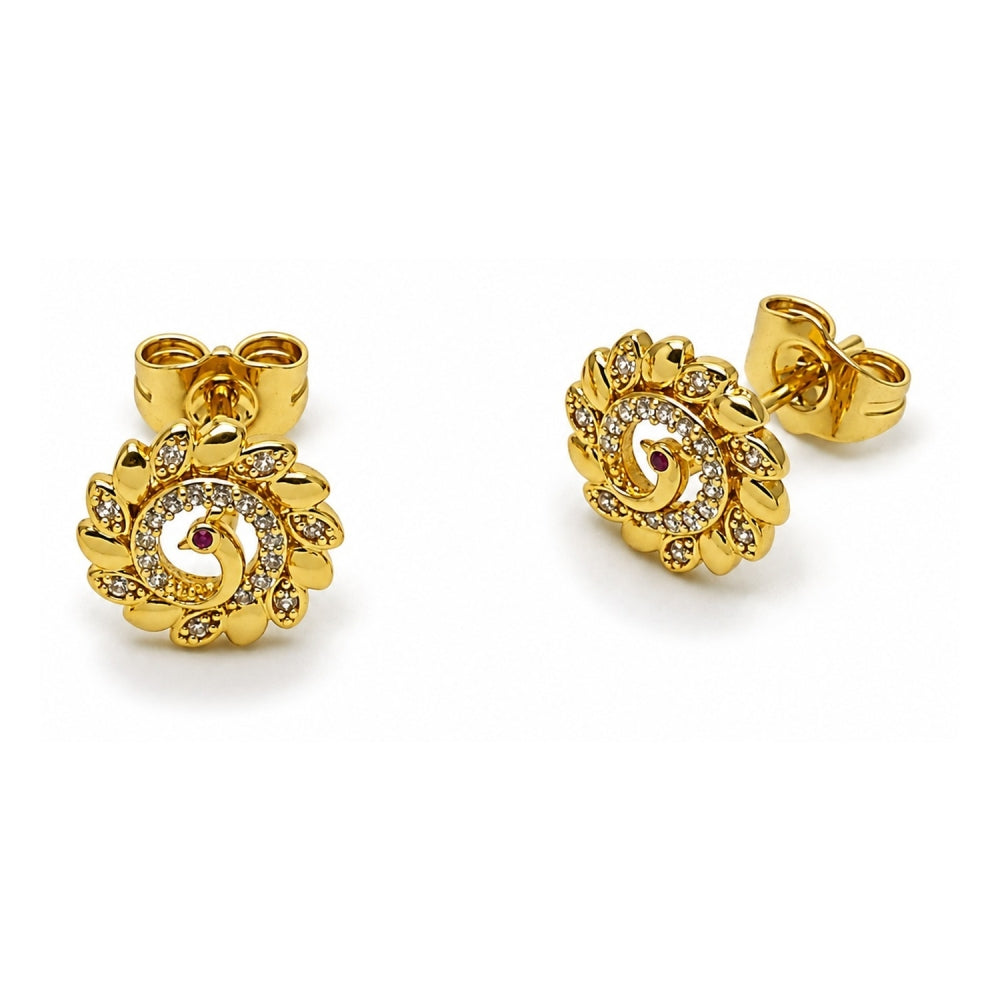 Oro Laminado Stud Earring, Gold Filled Style Peacock Design, with White and Ruby Micro Pave, Polished, Golden Finish