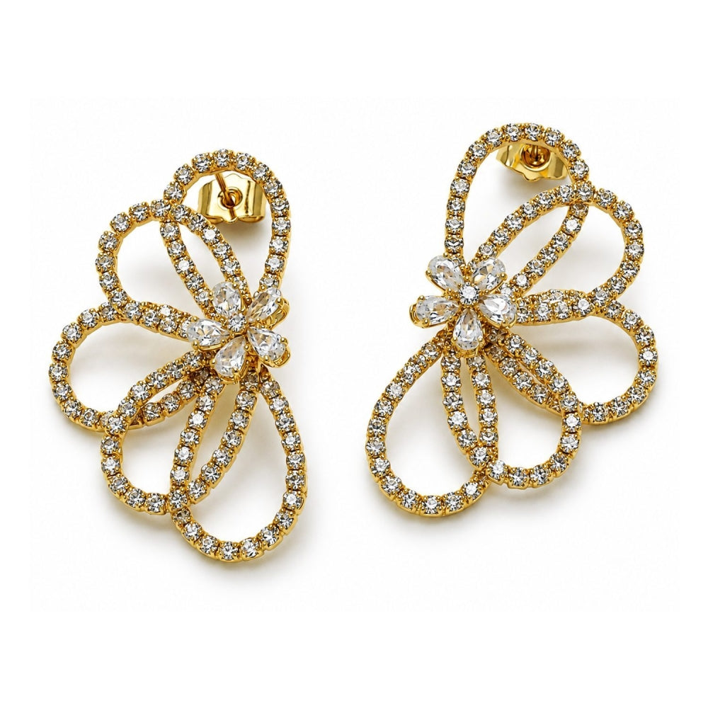 Oro Laminado Stud Earring, Gold Filled Style Flower and Teardrop Design, with White Crystal and White Cubic Zirconia, Polished, Golden Finish