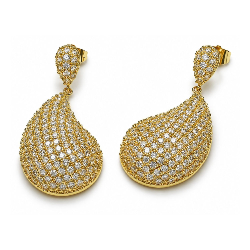 Oro Laminado Stud Earring, Gold Filled Style Teardrop Design, with White Cubic Zirconia, Polished, Golden Finish
