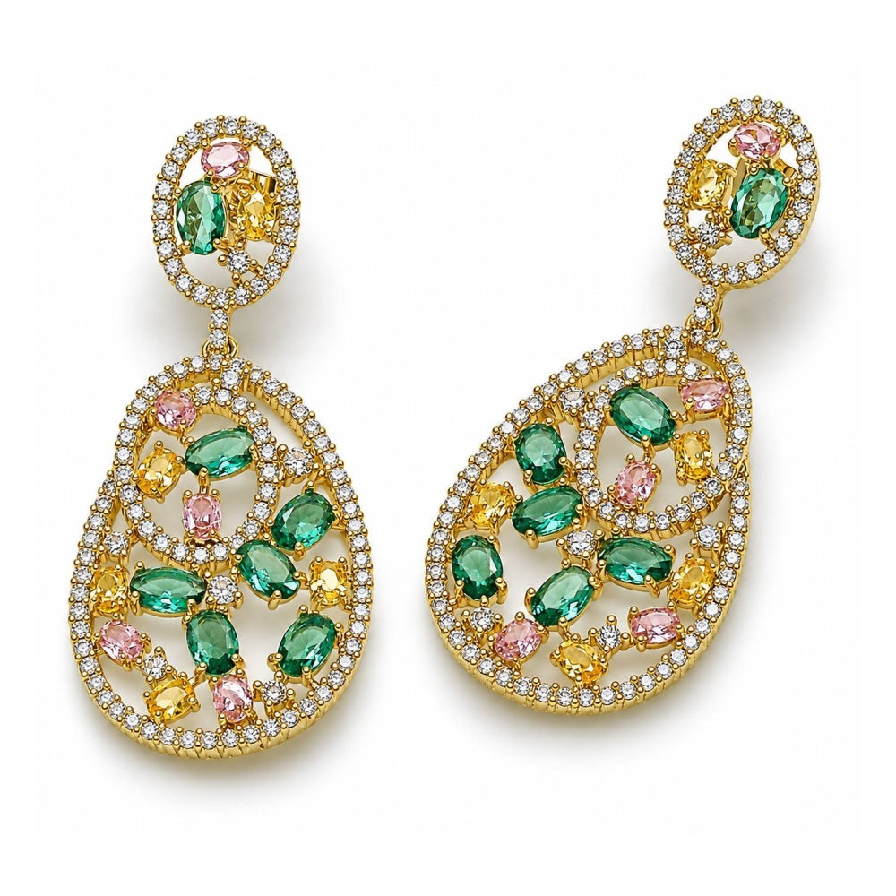 Oro Laminado Stud Earring, Gold Filled Style Teardrop Design, with Multicolor and White Cubic Zirconia, Polished, Golden Finish