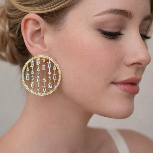 Oro Laminado Stud Earring, Gold Filled Style with White Cubic Zirconia and White Micro Pave, Polished, Golden Finish