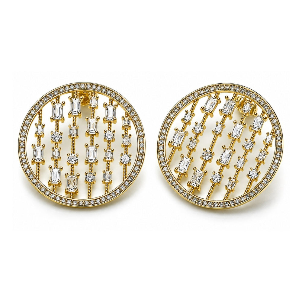 Oro Laminado Stud Earring, Gold Filled Style with White Cubic Zirconia and White Micro Pave, Polished, Golden Finish