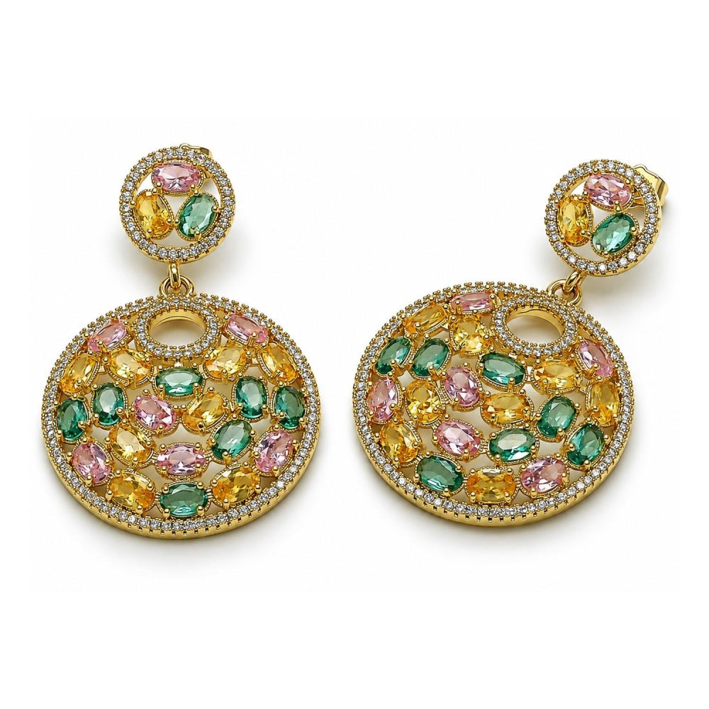 Oro Laminado Stud Earring, Gold Filled Style with White and Multicolor Cubic Zirconia, Polished, Golden Finish