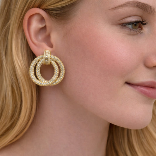 Oro Laminado Stud Earring, Gold Filled Style Baguette Design, with White Cubic Zirconia and White Micro Pave, Polished, Golden Finish