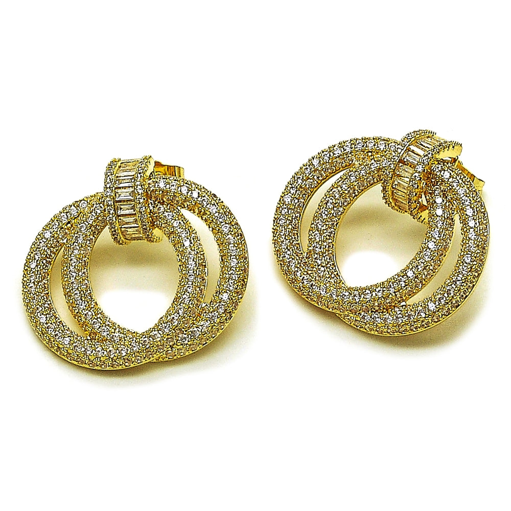 Oro Laminado Stud Earring, Gold Filled Style Baguette Design, with White Cubic Zirconia and White Micro Pave, Polished, Golden Finish