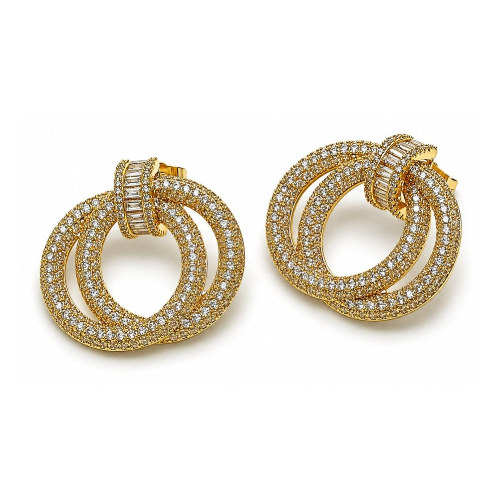Oro Laminado Stud Earring, Gold Filled Style Baguette Design, with White Cubic Zirconia and White Micro Pave, Polished, Golden Finish