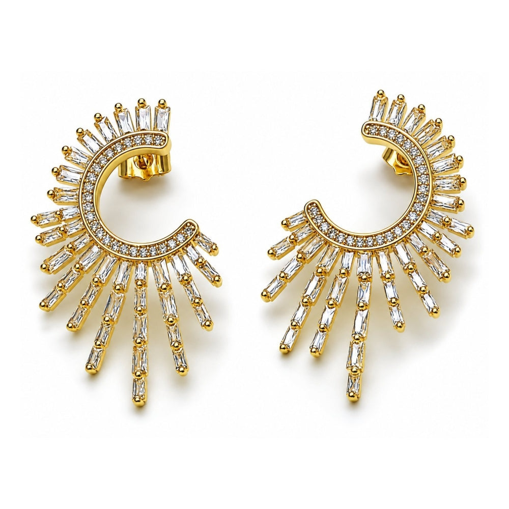 Oro Laminado Stud Earring, Gold Filled Style Baguette Design, with White Cubic Zirconia and White Micro Pave, Polished, Golden Finish