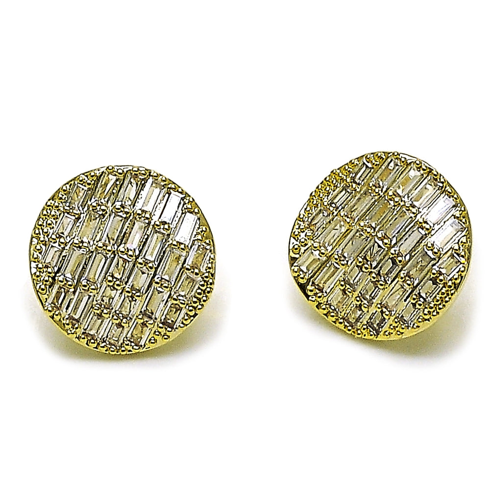 Oro Laminado Stud Earring, Gold Filled Style Baguette Design, with White Cubic Zirconia, Polished, Golden Finish