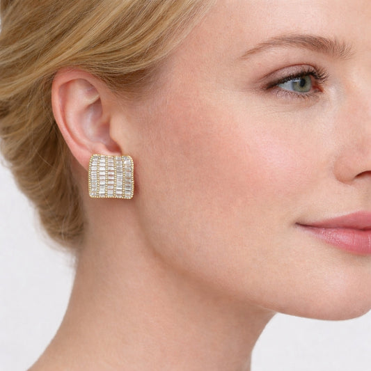 Oro Laminado Stud Earring, Gold Filled Style Baguette Design, with White Cubic Zirconia, Polished, Golden Finish
