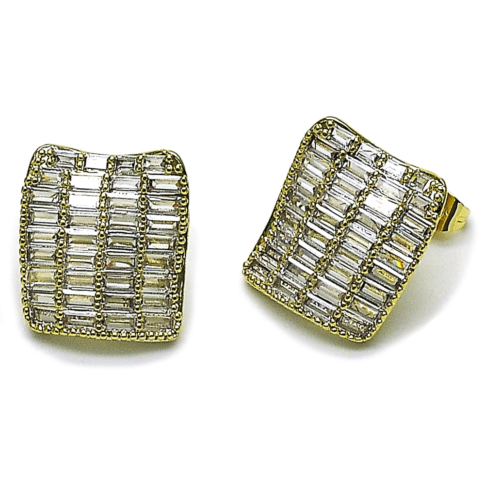 Oro Laminado Stud Earring, Gold Filled Style Baguette Design, with White Cubic Zirconia, Polished, Golden Finish