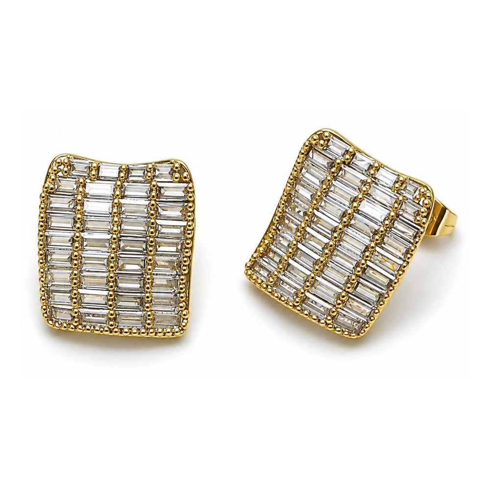 Oro Laminado Stud Earring, Gold Filled Style Baguette Design, with White Cubic Zirconia, Polished, Golden Finish