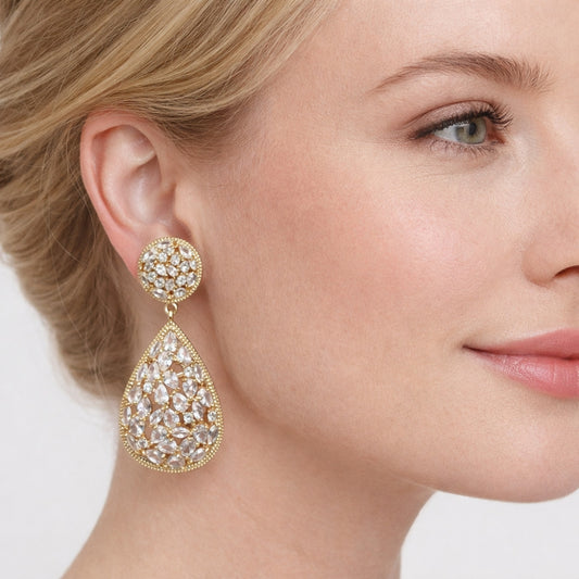 Oro Laminado Long Earring, Gold Filled Style Teardrop Design, with White Cubic Zirconia, Polished, Golden Finish