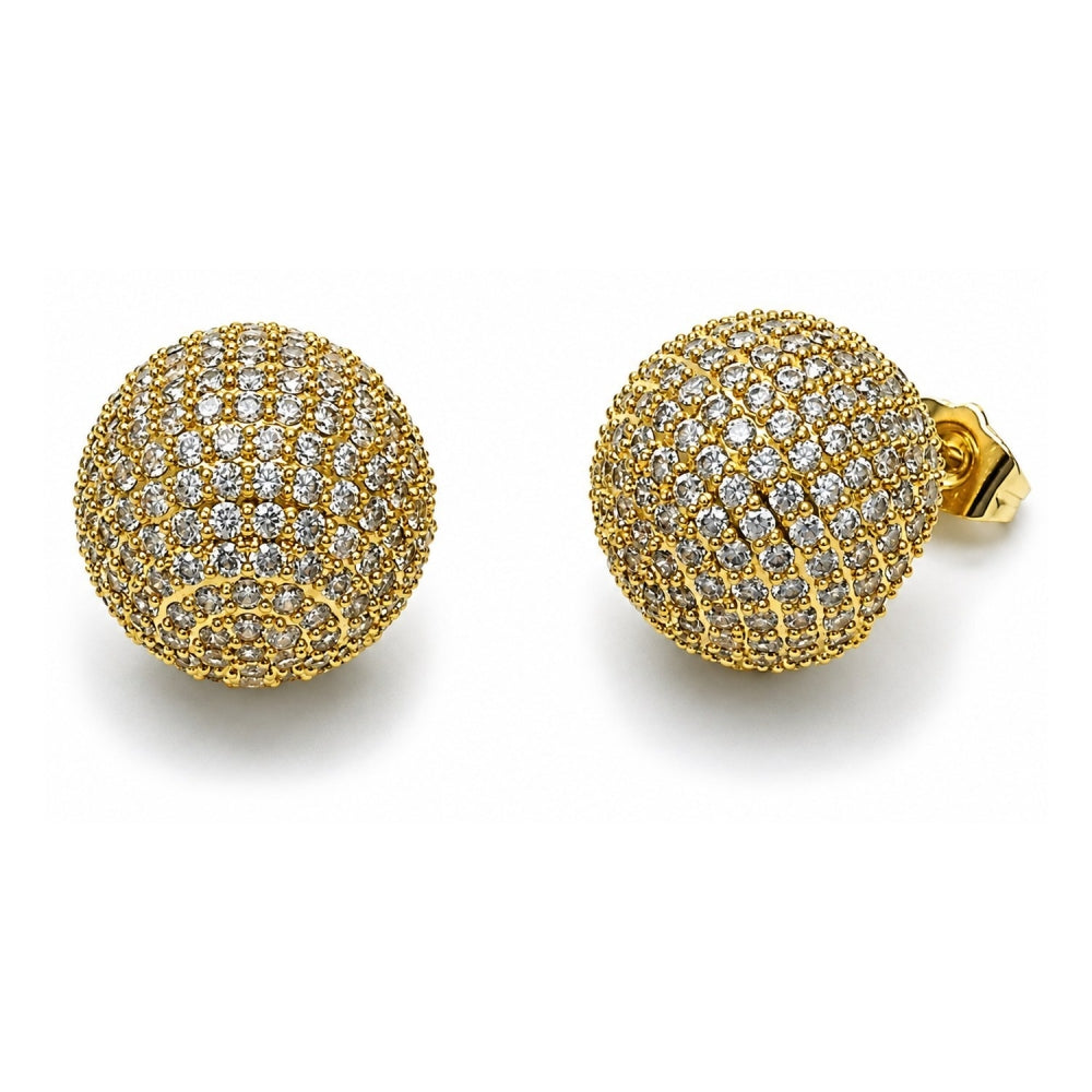 Oro Laminado Stud Earring, Gold Filled Style Ball Design, with White Cubic Zirconia, Polished, Golden Finish