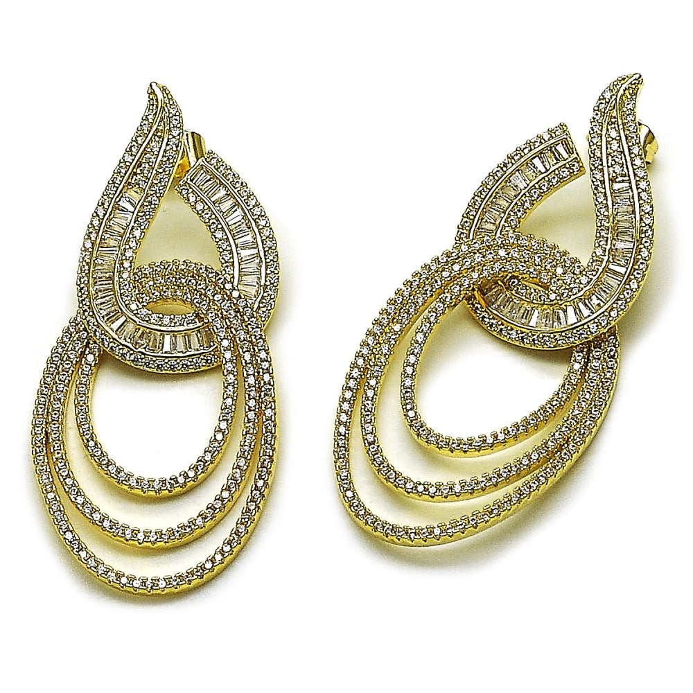 Oro Laminado Long Earring, Gold Filled Style Baguette Design, with White Cubic Zirconia, Polished, Golden Finish