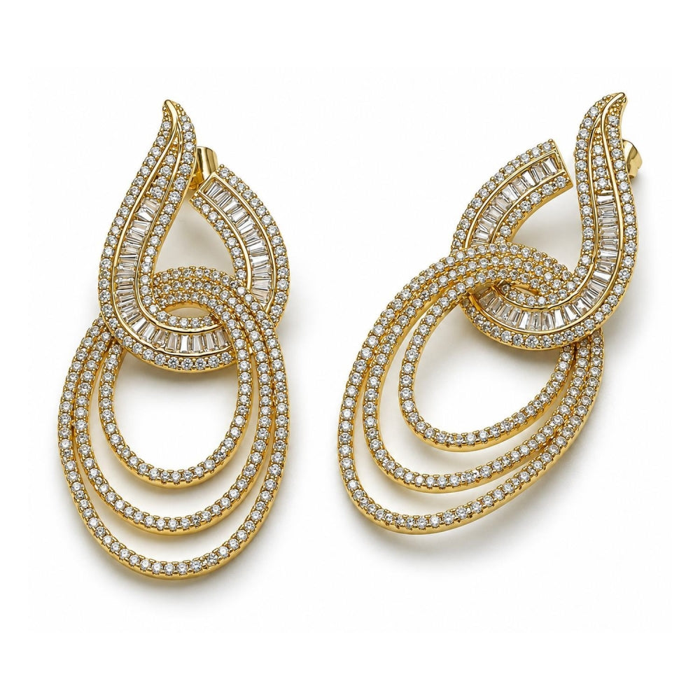 Oro Laminado Long Earring, Gold Filled Style Baguette Design, with White Cubic Zirconia, Polished, Golden Finish